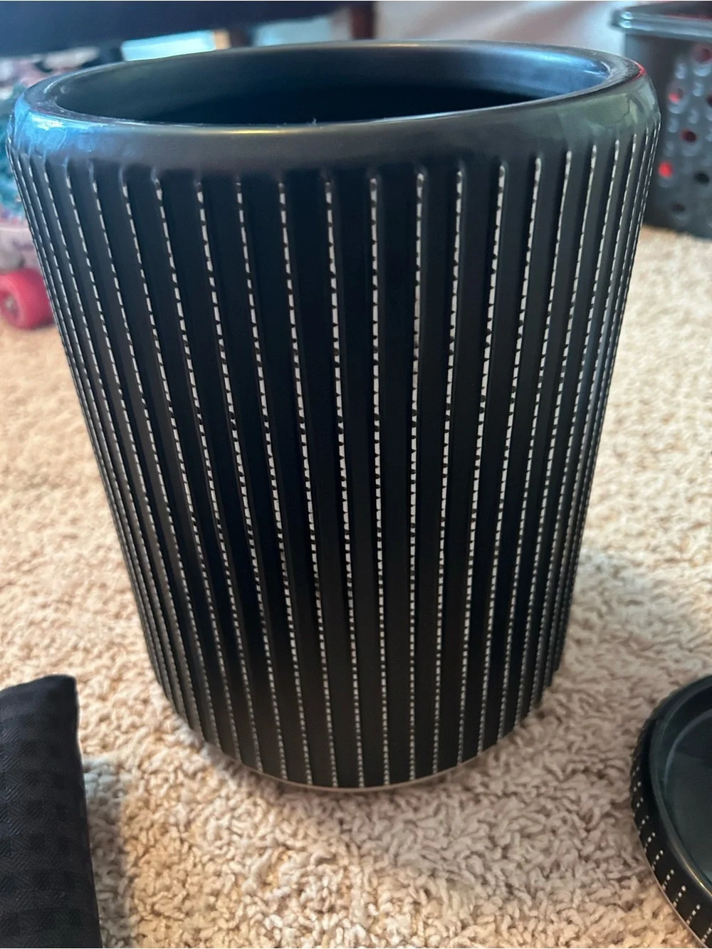 UGG Black and White Pinstripe Bath Vanity, trashcan, and curtain Set